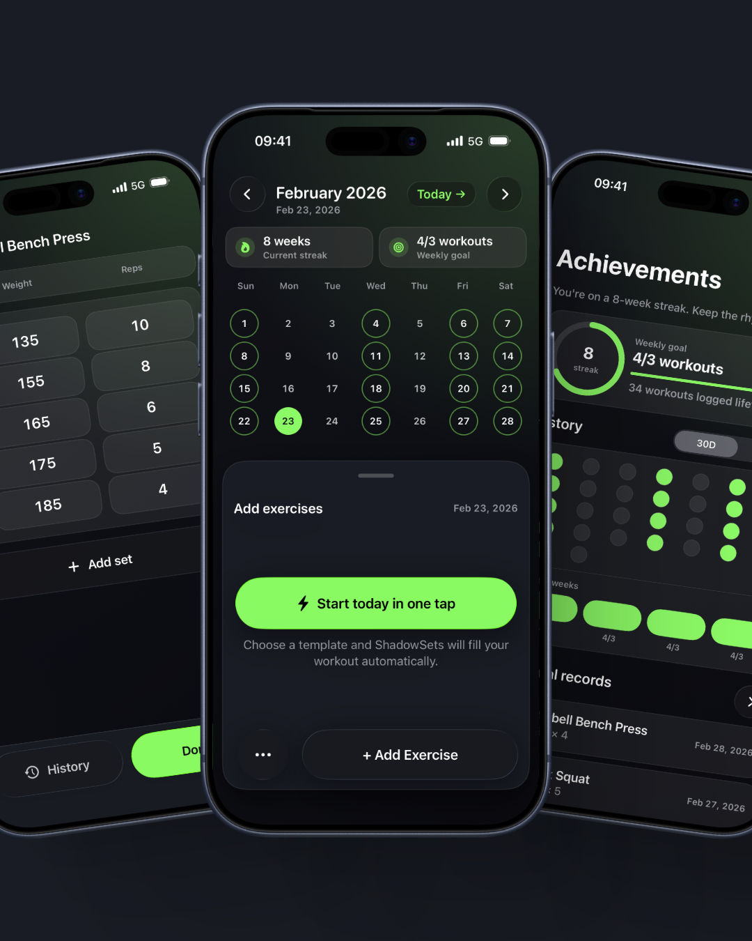 ShadowSets app hero preview with calendar, set logging, records, and library flows